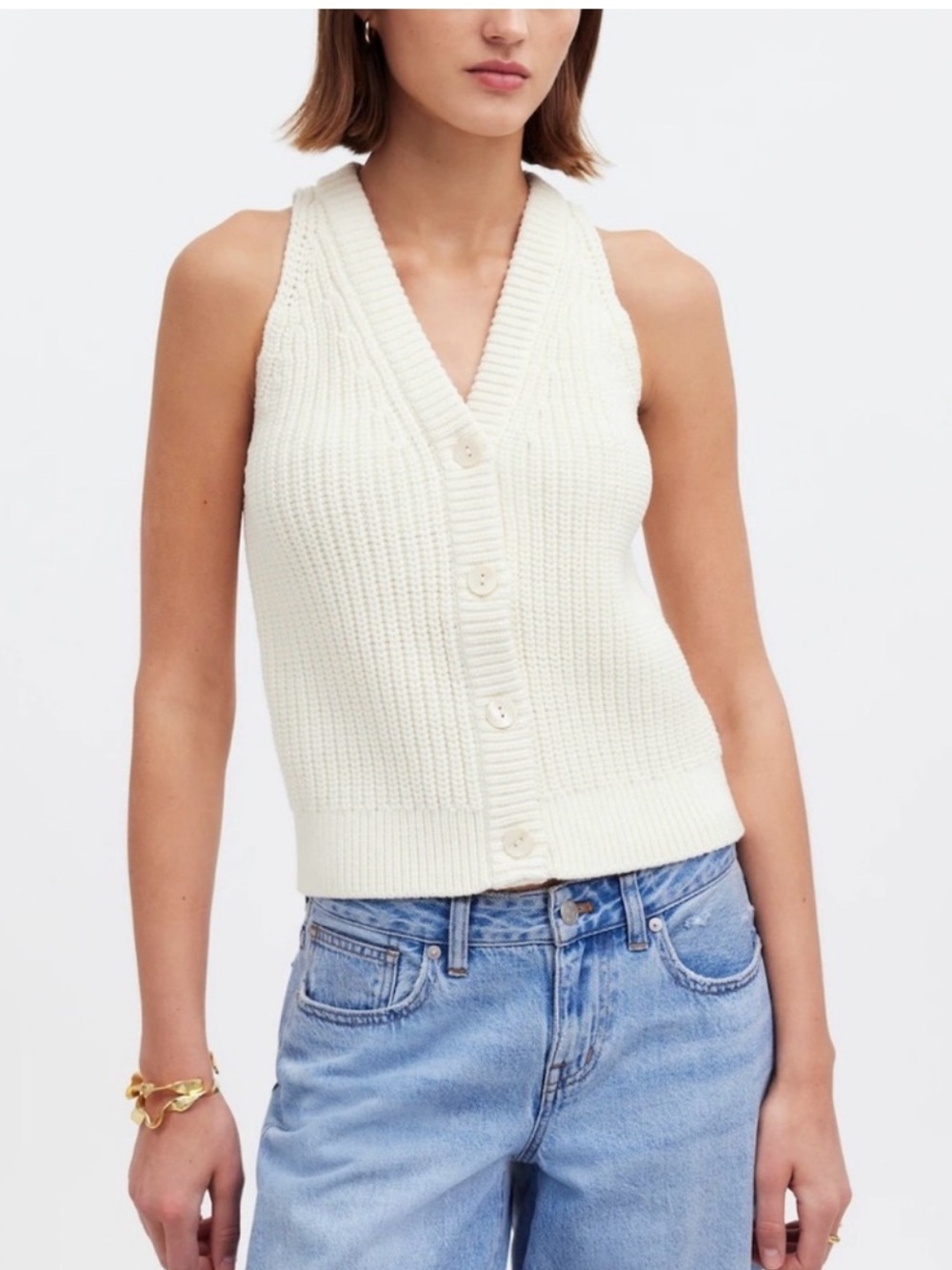 Madewell Cream Ribbed V-Neck Button Front Sweater Vest
